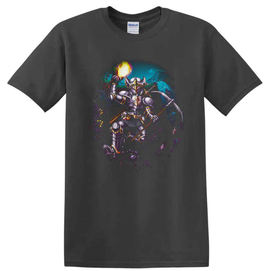 Terraria armored player character with fireball and polearm in a glowing cavern battle on a Charcoal T Shirt