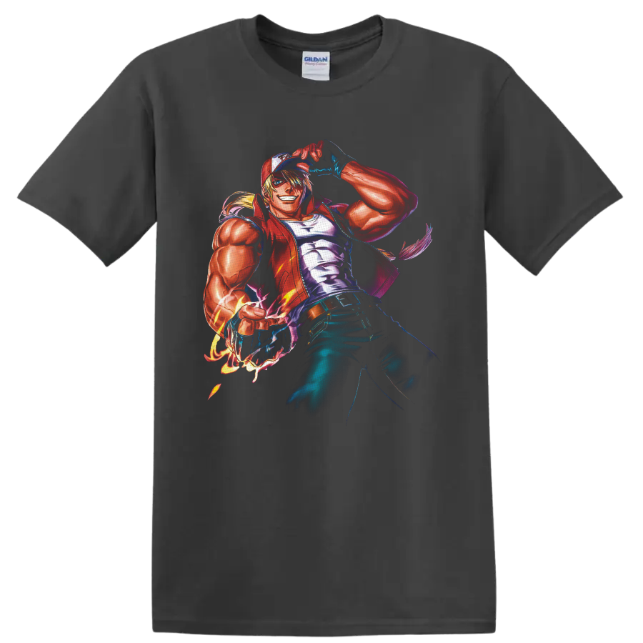 Terry Bogard anime-style fighter artwork tipping red cap with fiery glowing fist on a Charcoal T Shirt