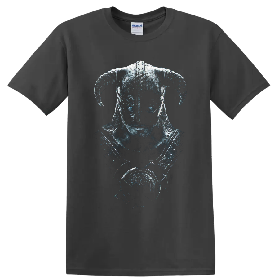 Dragonborn Skyrim warrior portrait with horned Nordic helmet and dragon emblem on a Charcoal T Shirt