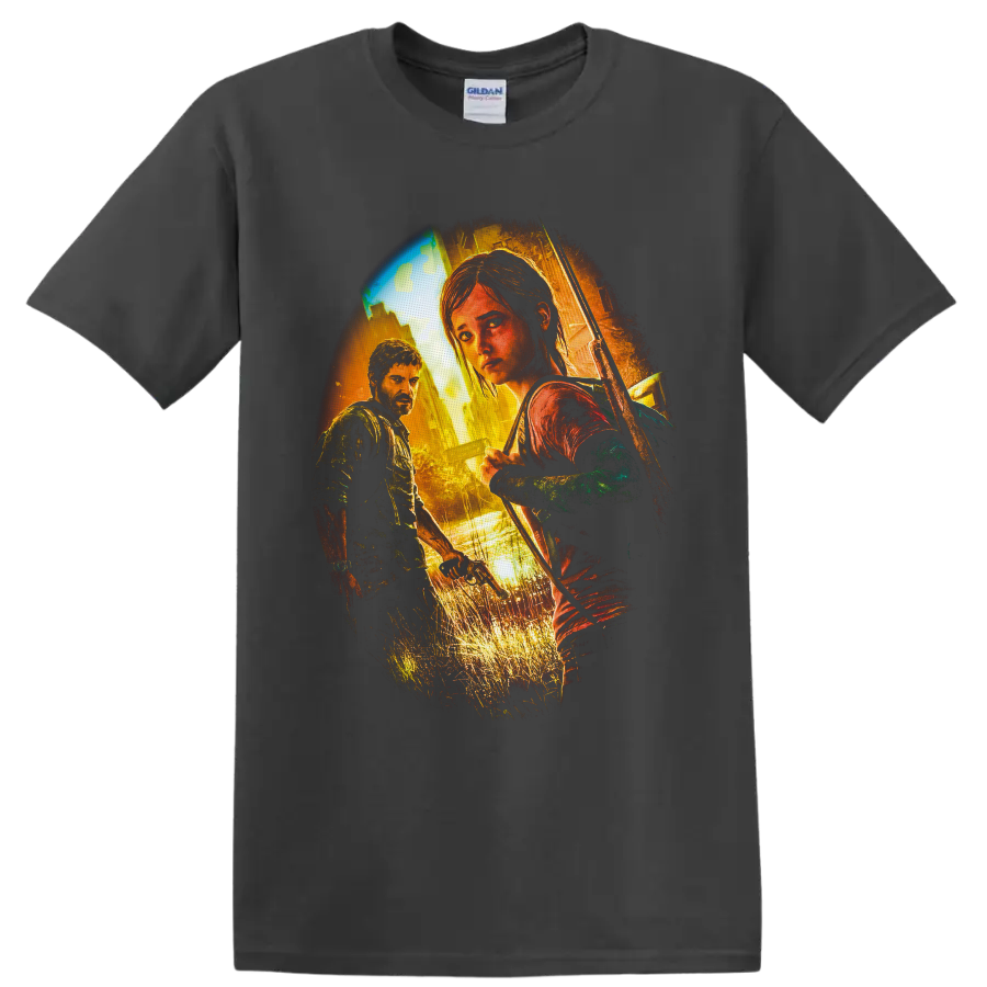 Joel and Ellie in distressed cinematic survivor art with bow and overgrown ruins on a Charcoal T Shirt