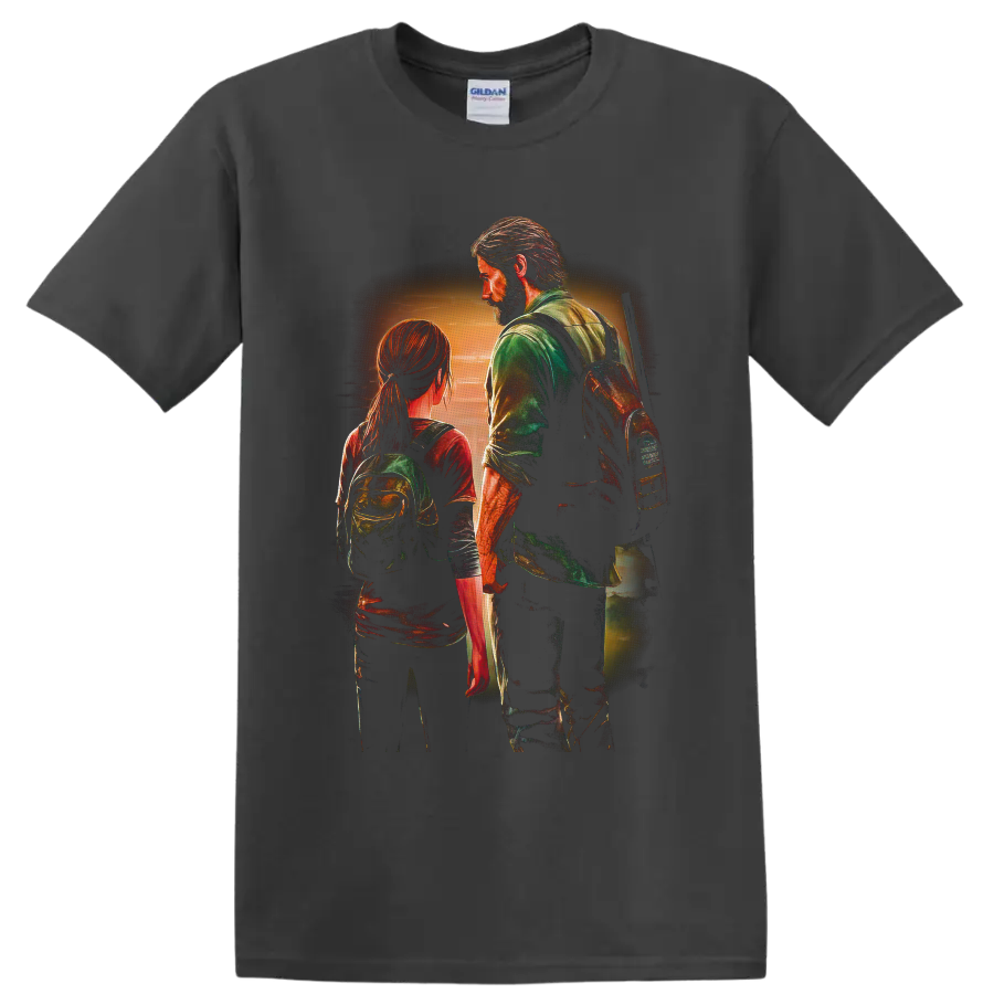 Joel and Ellie sunset survivor scene in textured painterly gaming art on a Charcoal T Shirt