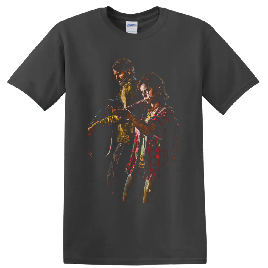 Joel and Ellie distressed survival character artwork from The Last of Us on a Charcoal T Shirt