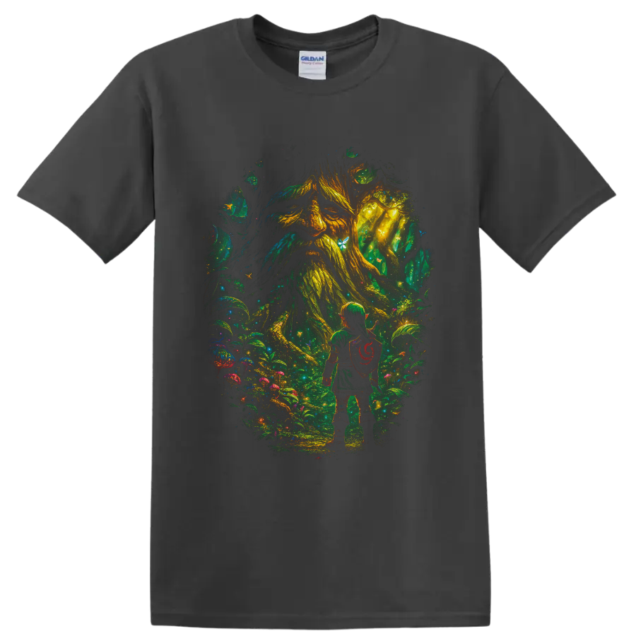 Link facing the Great Deku Tree in a glowing painterly fantasy forest on a Charcoal T Shirt