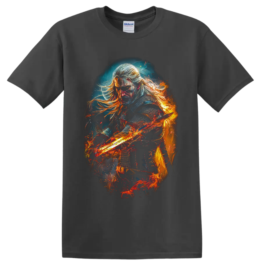 Geralt of Rivia with a fiery sword in dramatic painterly fantasy art on a Charcoal T Shirt