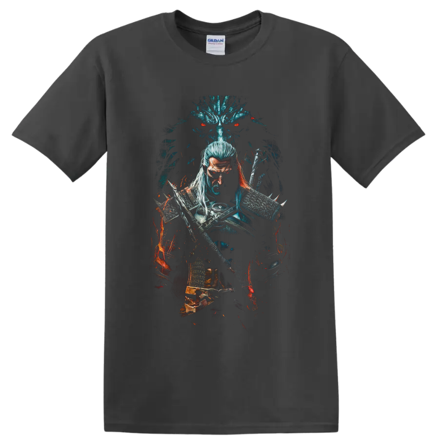 Geralt of Rivia with swords, wolf medallion, spectral wolf, and fiery dark fantasy art on a Charcoal T Shirt