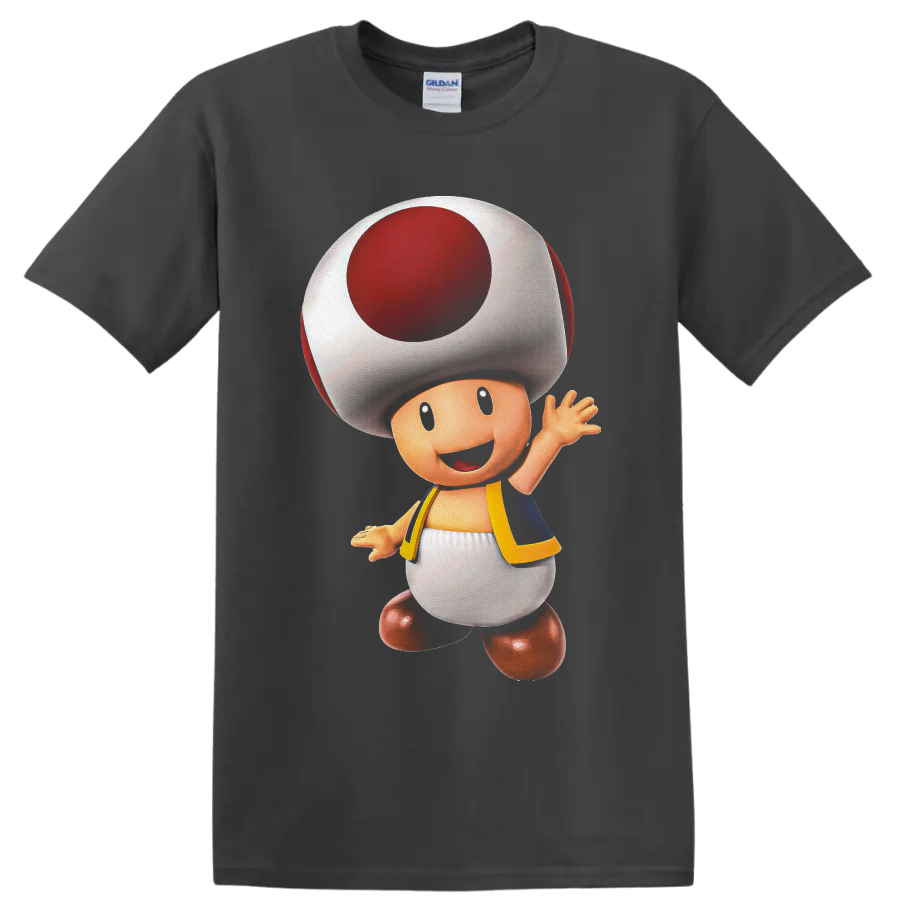 Toad from Super Mario waving in colorful polished character art on a Charcoal T Shirt