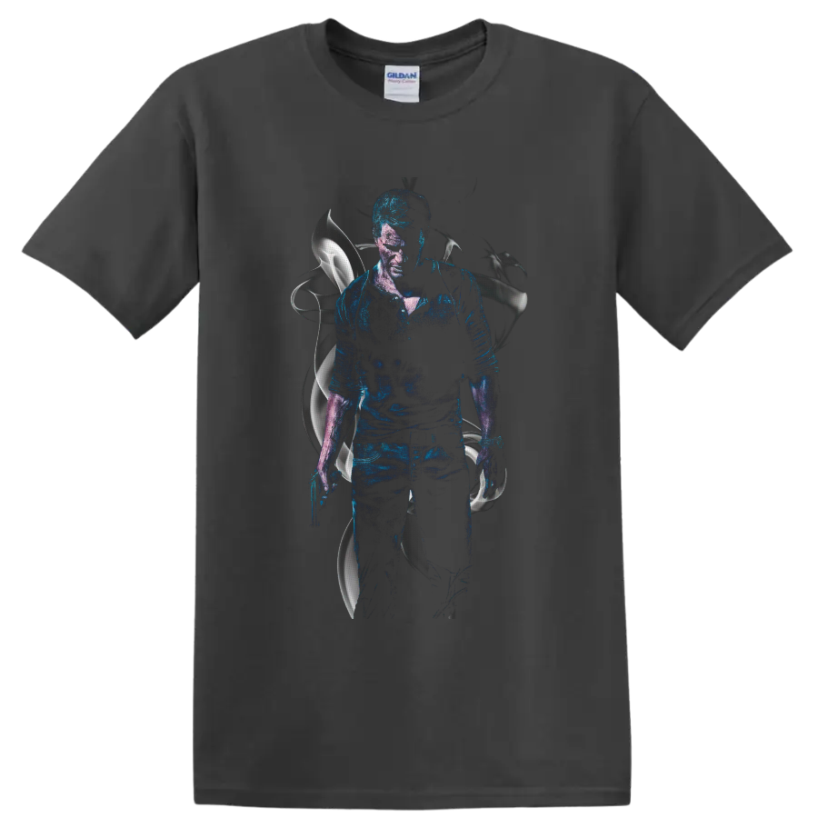 Nathan Drake Uncharted 4 blue textured action portrait with silver abstract accents on a Charcoal T Shirt
