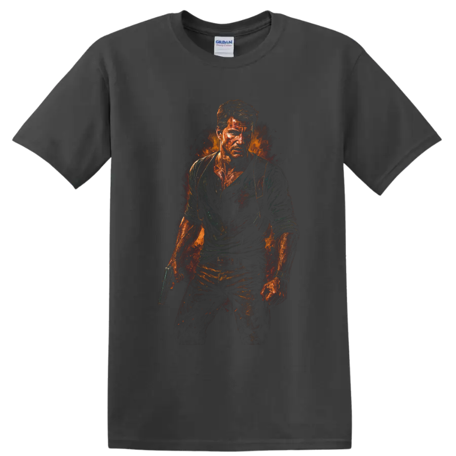 Nathan Drake Uncharted fiery painterly action portrait holding a pistol on a Charcoal T Shirt