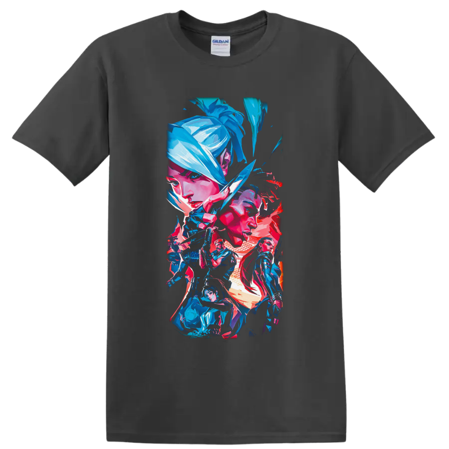 Valorant Agents in a neon blue, pink, and red angular gaming character collage on a Charcoal T Shirt