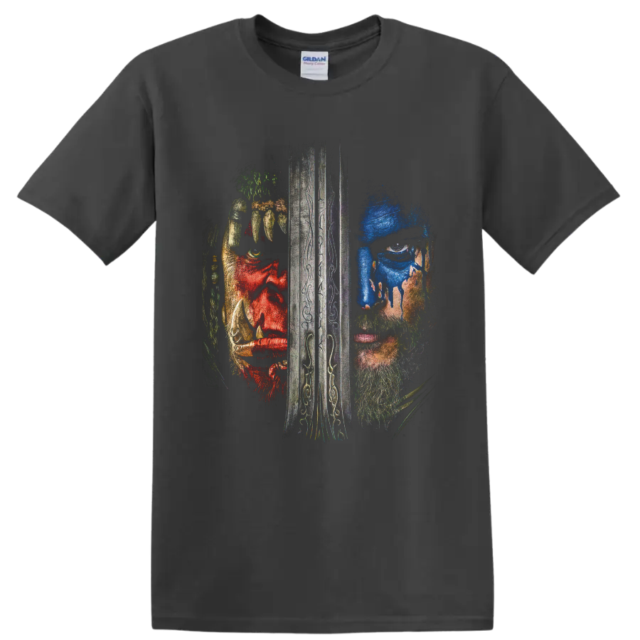 Warcraft Alliance and Horde split warrior portrait divided by an engraved sword on a Charcoal T Shirt