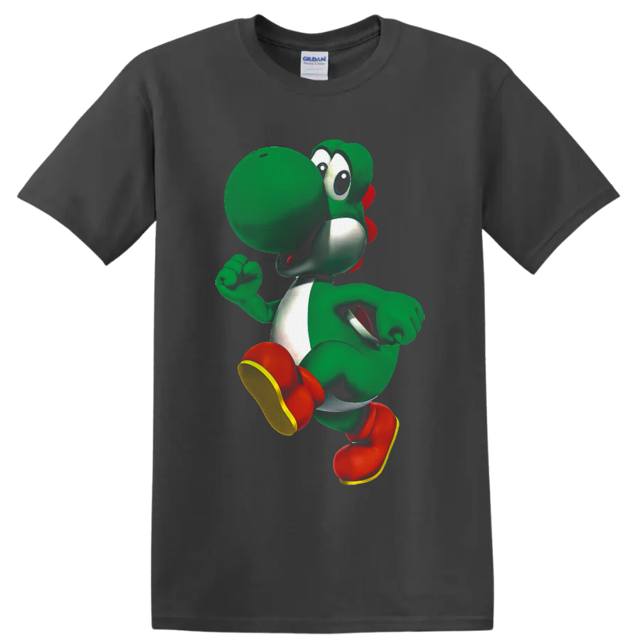 Yoshi running pose cartoon graphic from Super Mario on a Charcoal T Shirt