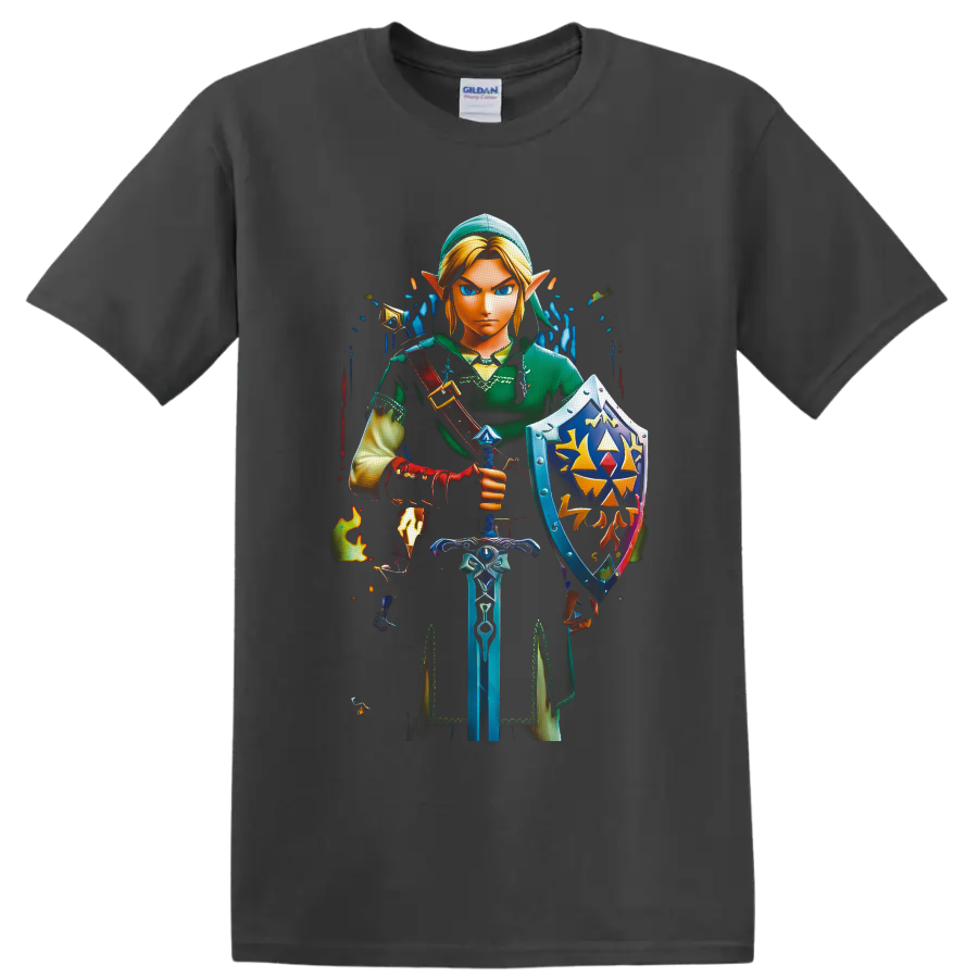Link with sword and ornate shield in vivid fantasy game art on a Charcoal T Shirt
