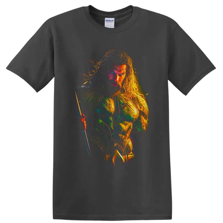 Aquaman trident warrior in luminous teal and gold comic-inspired armor art on a Charcoal T Shirt