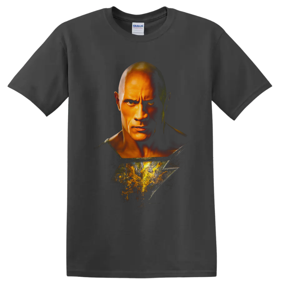 Black Adam portrait with cracked golden lightning motif and dramatic comic-style shadows on a Charcoal T Shirt