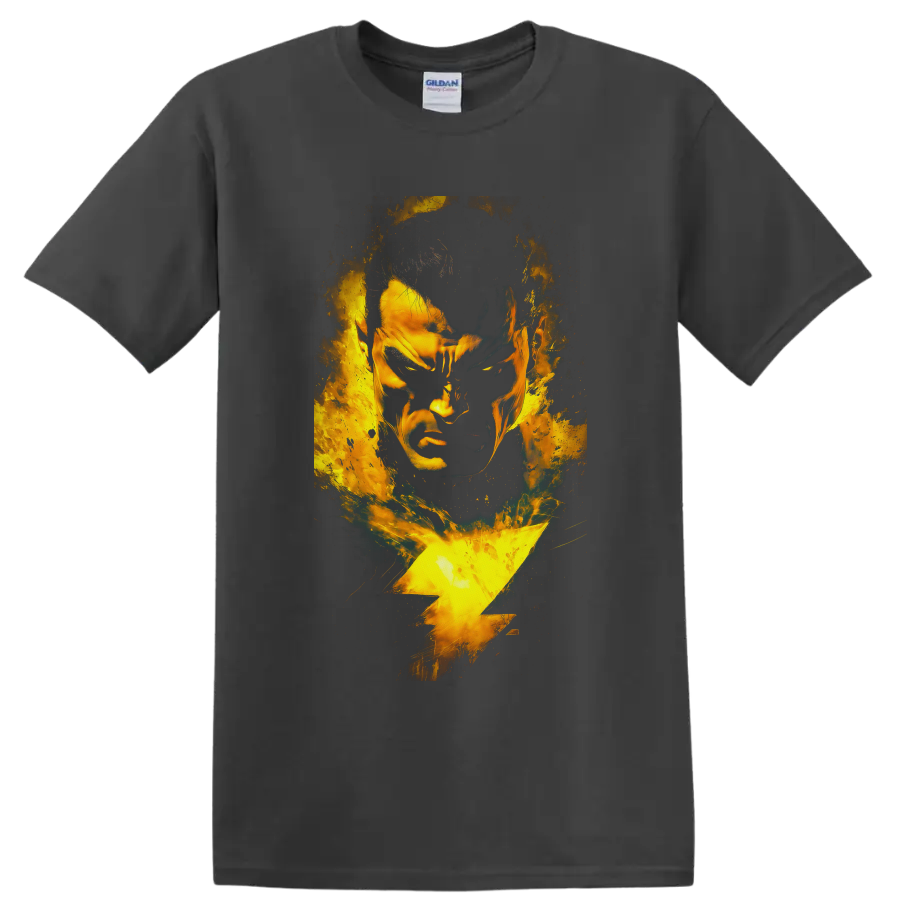 Shazam superhero portrait with golden lightning bolt and distressed comic-style energy on a Charcoal T Shirt