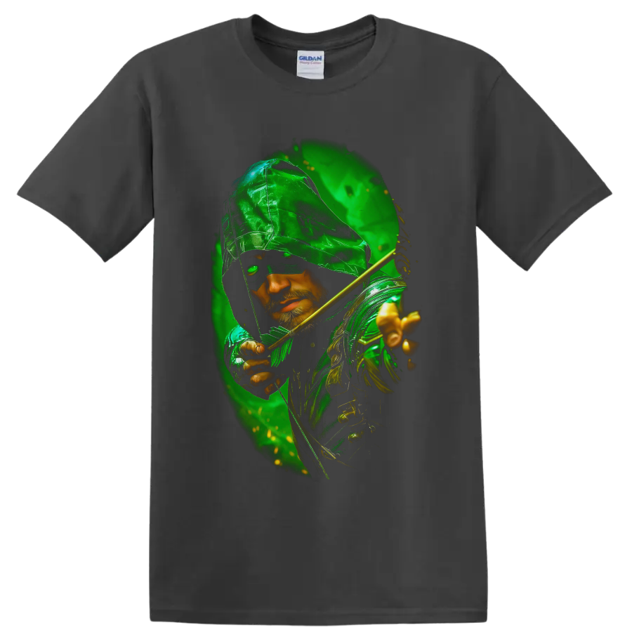 Green Arrow hooded archer portrait with golden bow and emerald comic-style glow on a Charcoal T Shirt