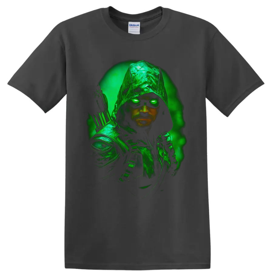 Green Arrow hooded archer portrait with glowing green eyes and neon aura on a Charcoal T Shirt