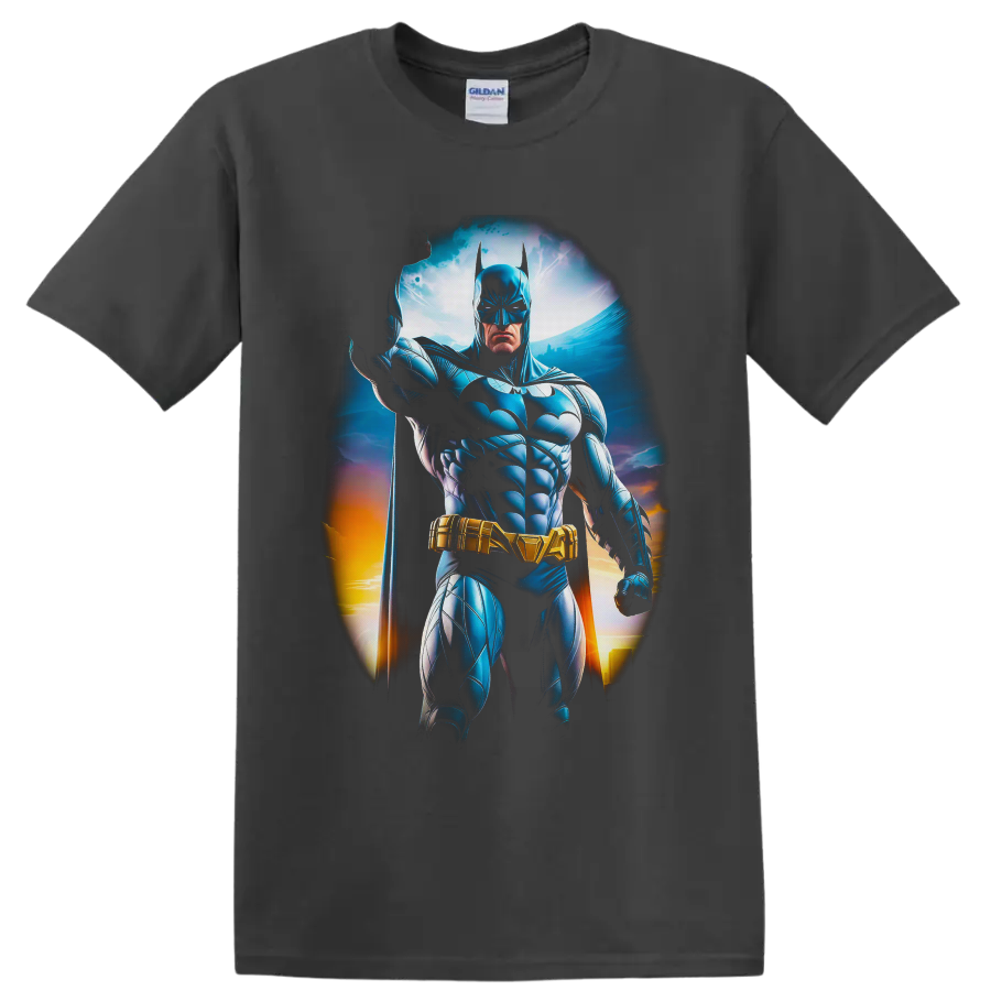 Batman White Lantern comic art with blue armor, gold belt, cape, and glowing skyline on a Charcoal T Shirt