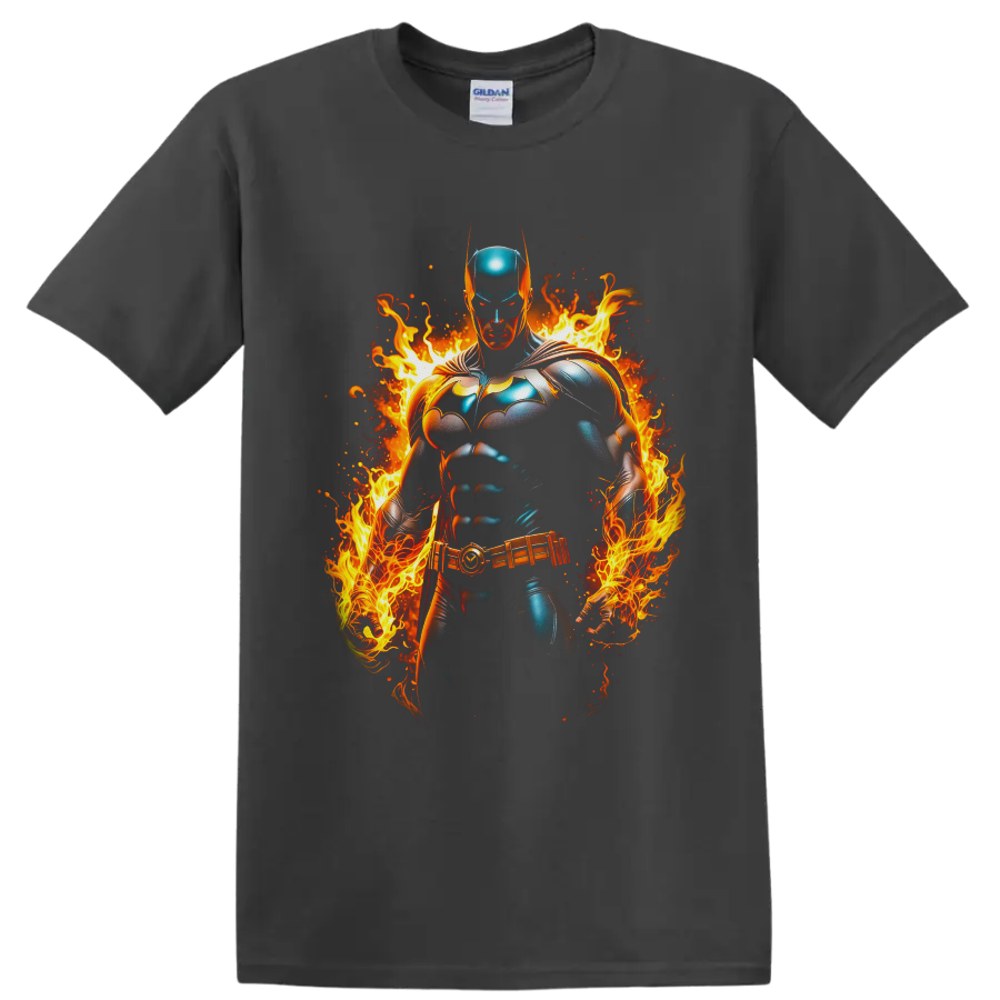 Batman White Lantern Brightest Day comic hero surrounded by vivid flames and embers on a Charcoal T Shirt
