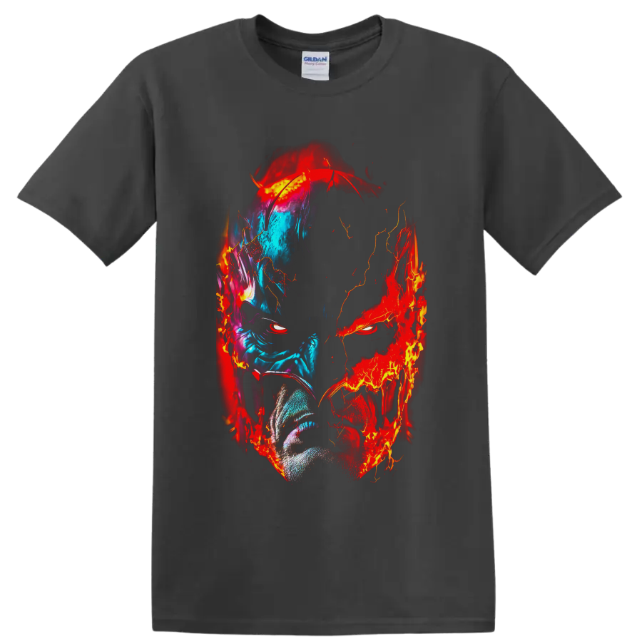 Batman split-face portrait in blue ice tones and red flame comic art on a Charcoal T Shirt