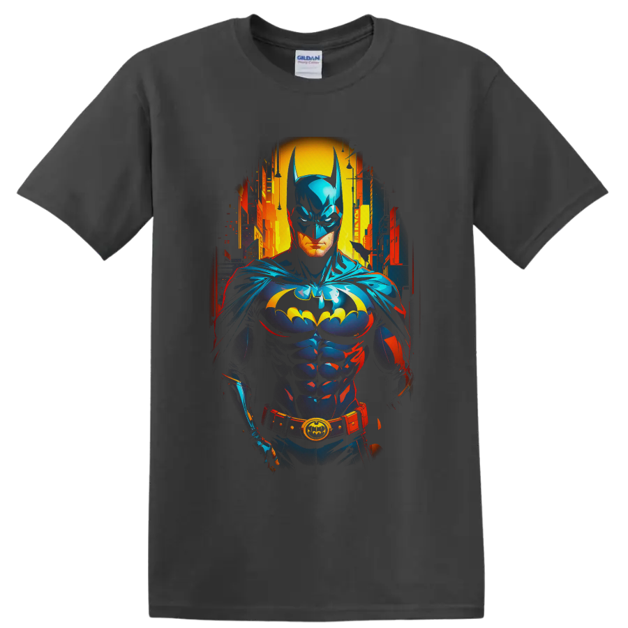 Batman in neon comic-book style before a glowing Gotham City skyline on a Charcoal T Shirt