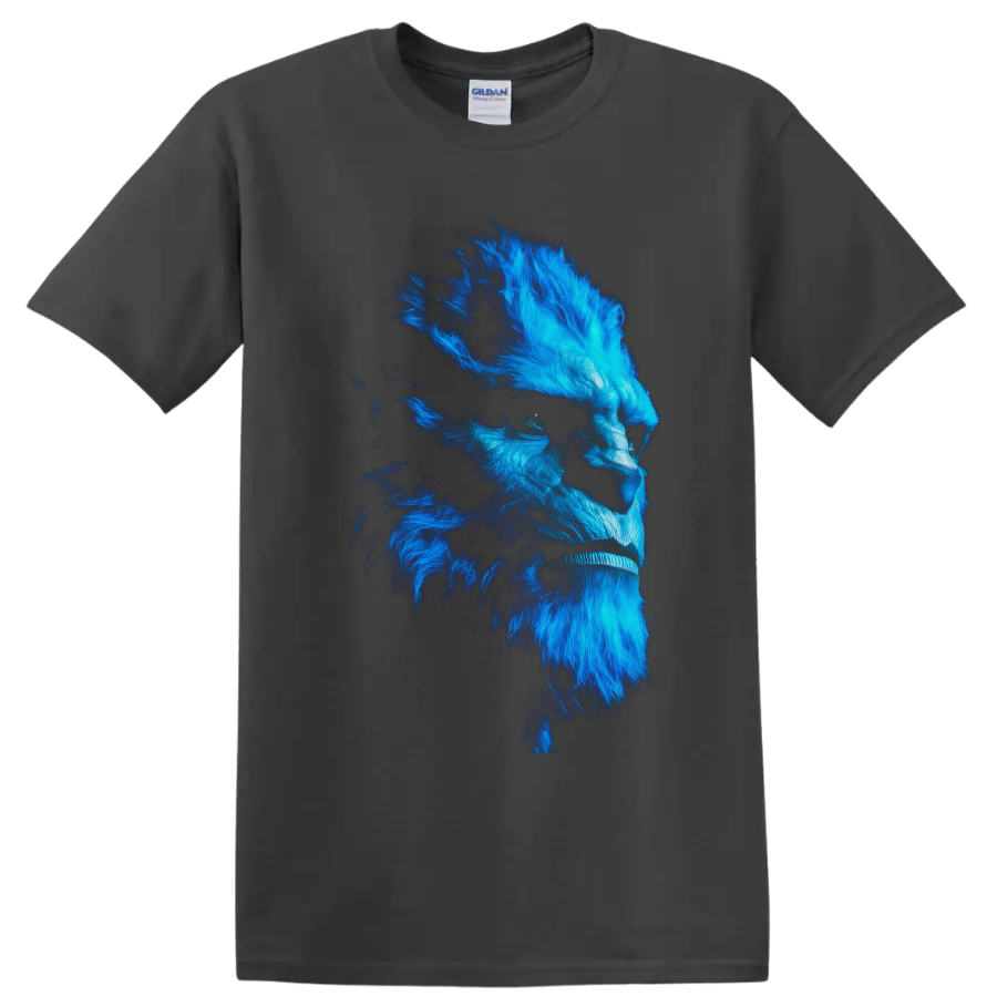 Beast X-Men electric blue mutant side-profile portrait in detailed comic-inspired style on a Charcoal T Shirt