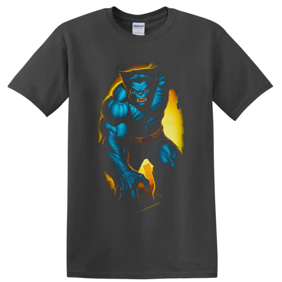Beast Hank McCoy blue mutant superhero comic art with torn yellow costume on a Charcoal T Shirt