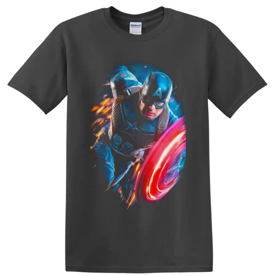 Sam Wilson Captain America in luminous armor with star shield and fiery action effects on a Charcoal T Shirt