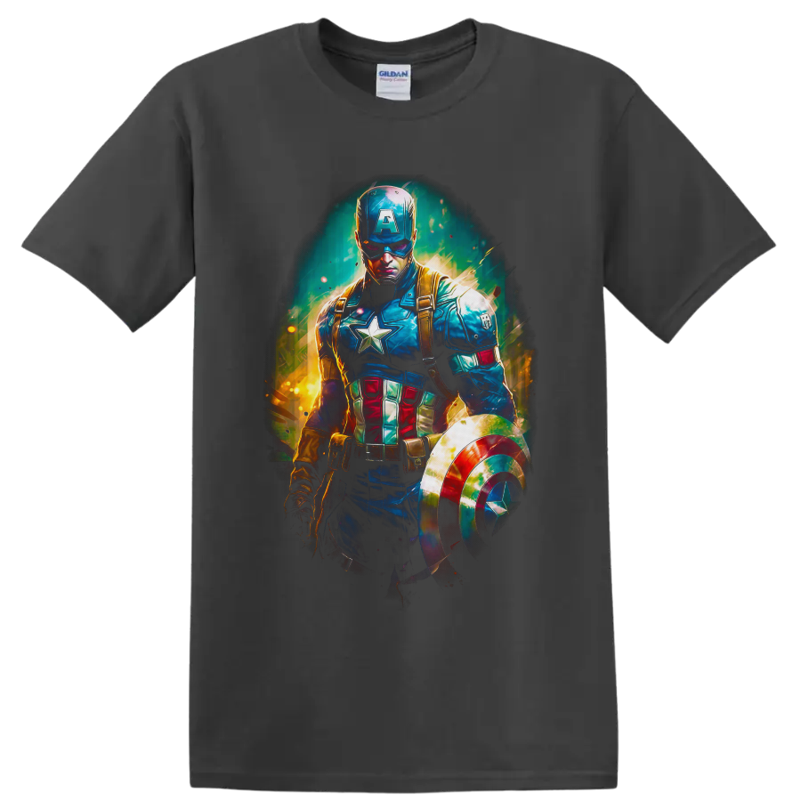 Captain America Steve Rogers with shield in vivid comic-inspired action art on a Charcoal T Shirt