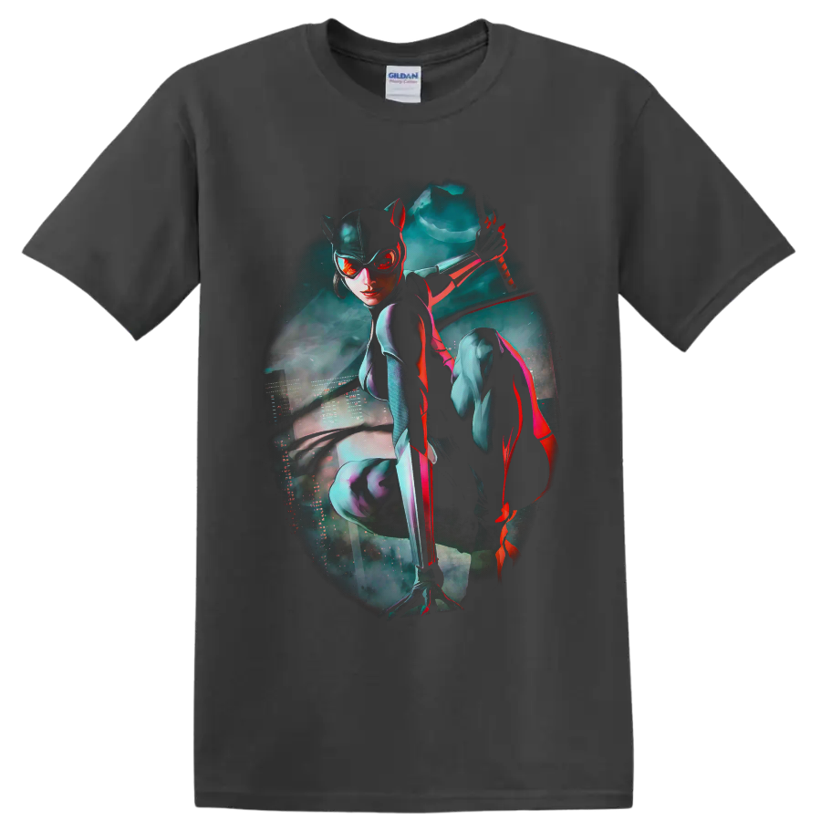 Catwoman cyberpunk art with whip, teal neon city mist, and red highlights on a Charcoal T Shirt