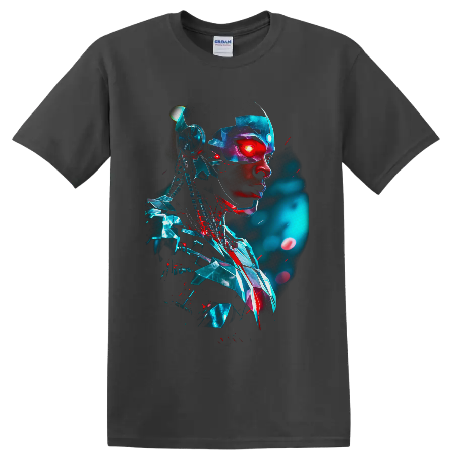 Cyborg Victor Stone cybernetic portrait with glowing red eye and teal futuristic armor on a Charcoal T Shirt