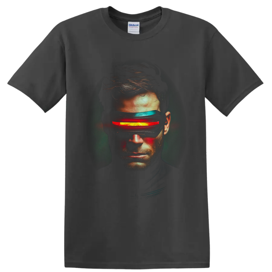 Cyclops Scott Summers portrait with glowing red visor beam in cinematic comic art on a Charcoal T Shirt
