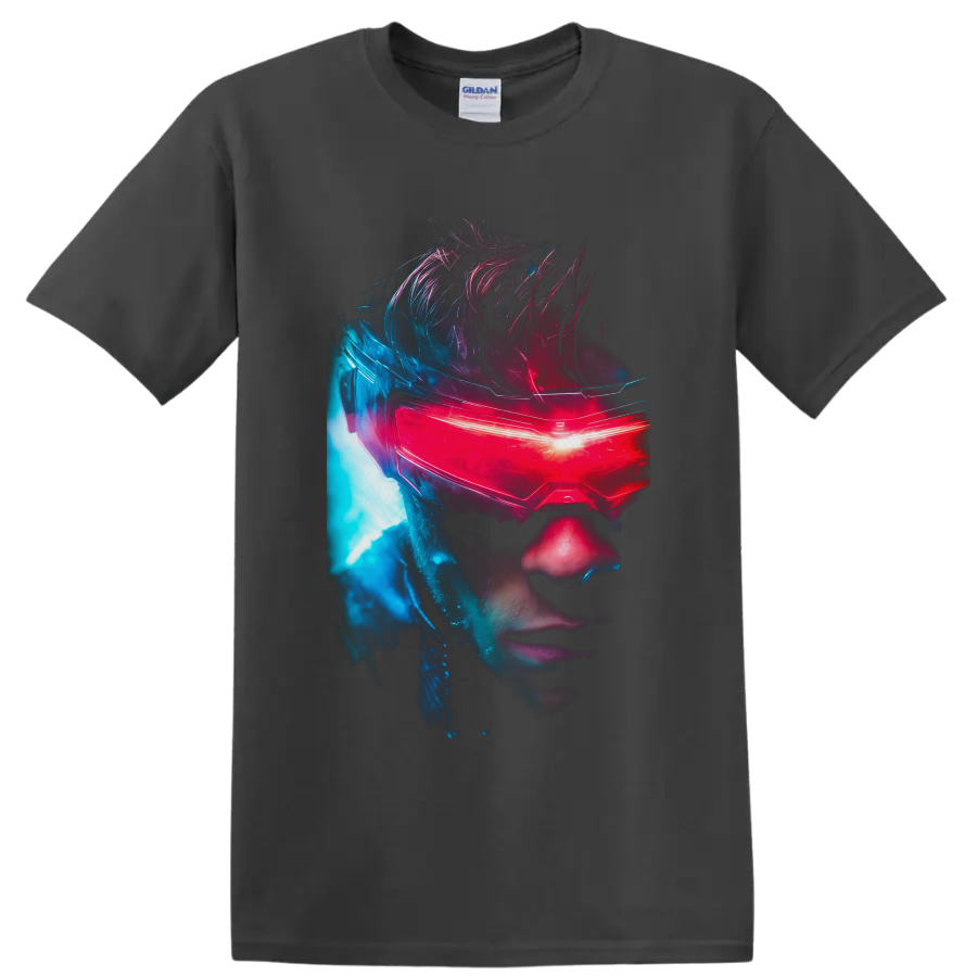 Cyclops Scott Summers neon portrait with glowing red visor and blue sci-fi light on a Charcoal T Shirt
