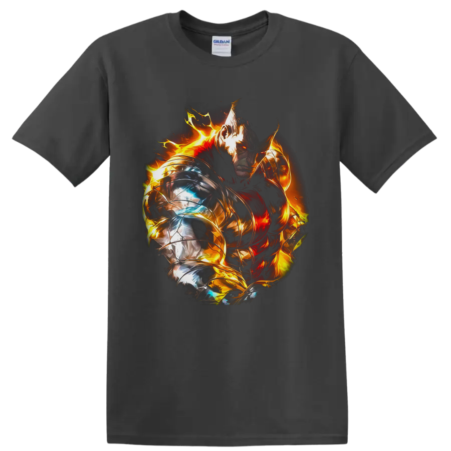 Escanor in silver and gold armor surrounded by blazing fire fantasy artwork on a Charcoal T Shirt