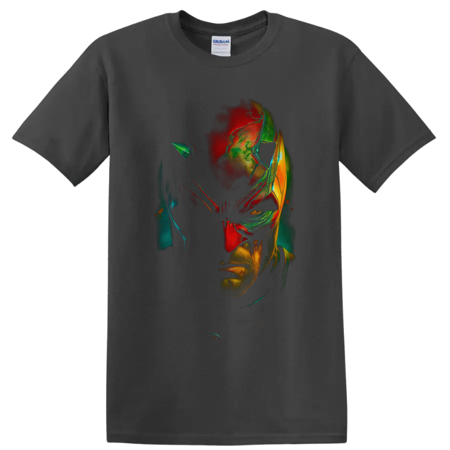 Daredevil Matt Murdock neon comic portrait with distressed red, teal, green, and gold on a Charcoal T Shirt