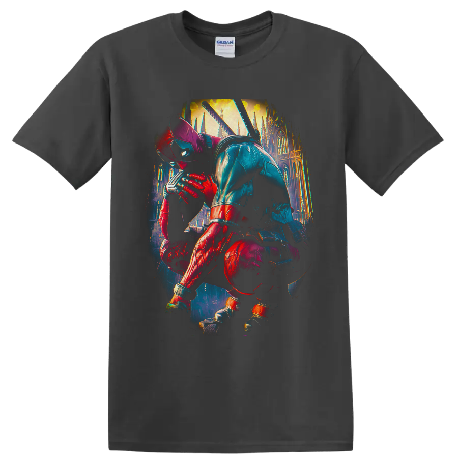 Deadpool crouching with katanas before a glowing Gothic cathedral in cinematic comic art on a Charcoal T Shirt