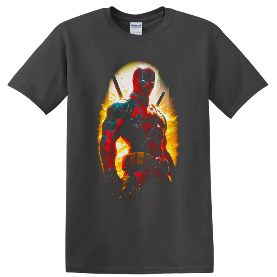 Deadpool in explosive comic action art with twin swords and fiery sparks on a Charcoal T Shirt