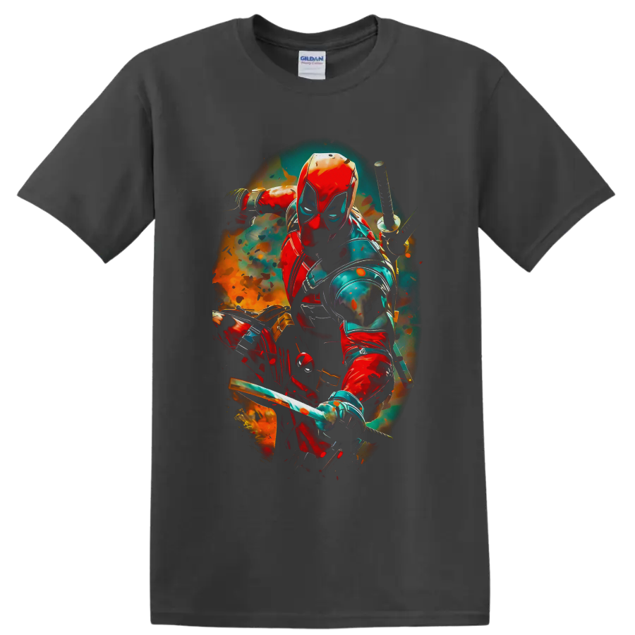 Deadpool masked with katanas in vivid red, teal, and orange comic action art on a Charcoal T Shirt
