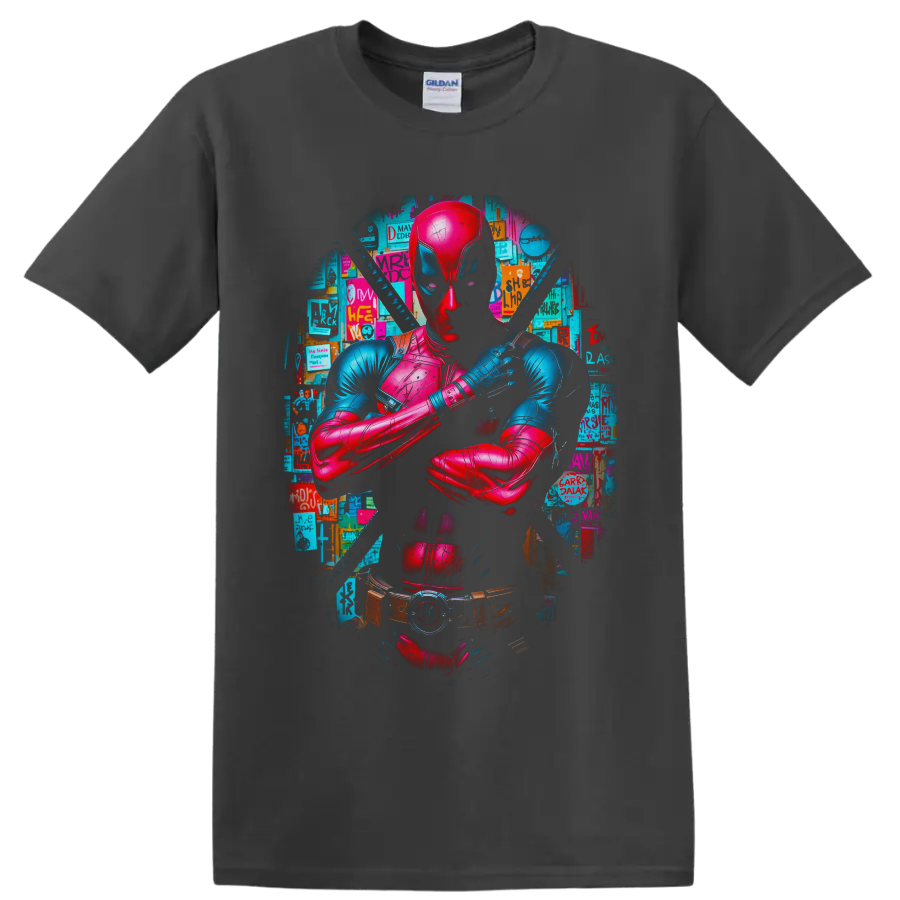 Deadpool neon comic portrait with crossed arms, twin katanas, and poster collage on a Charcoal T Shirt