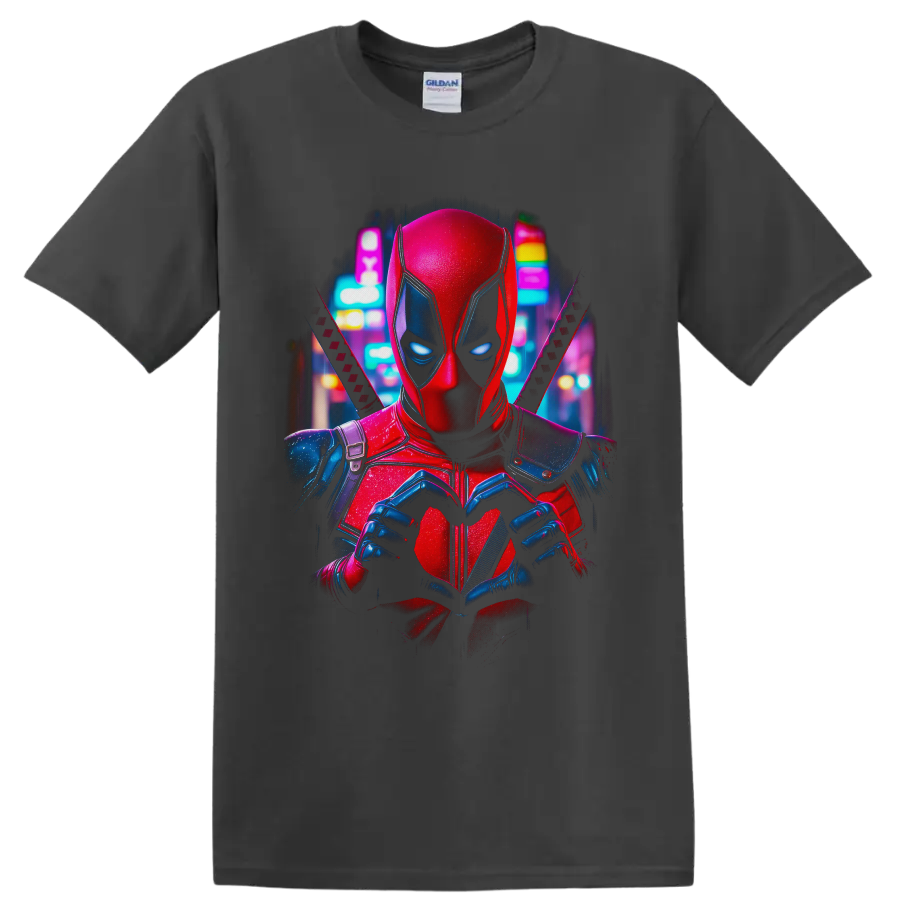 Deadpool making heart hands with crossed katanas in a neon city comic-art portrait on a Charcoal T Shirt