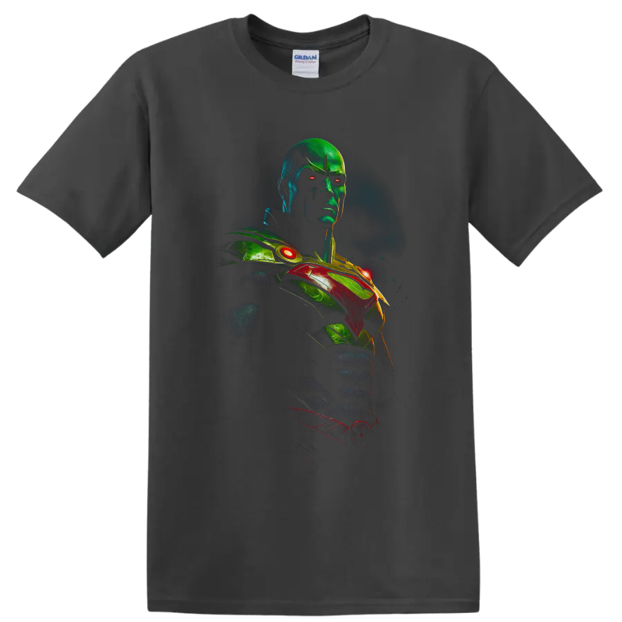 Martian Manhunter J'onn J'onzz neon cosmic superhero portrait with glowing red eyes on a Charcoal T Shirt
