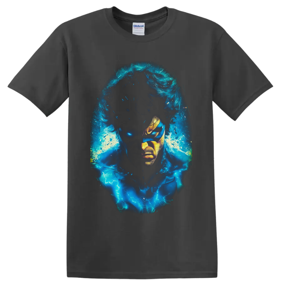 Iceman Bobby Drake portrait with electric blue ice energy and lightning effects on a Charcoal T Shirt
