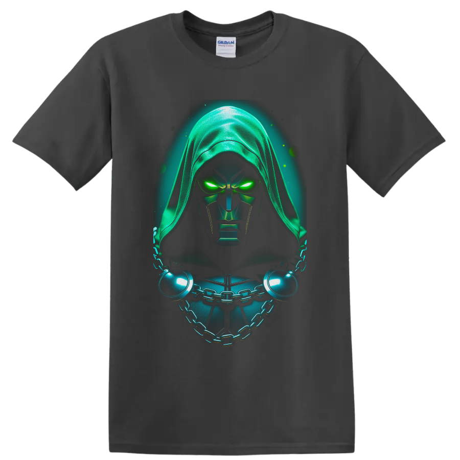 Doctor Doom in neon-green hooded armor with glowing eyes and chained chest on a Charcoal T Shirt