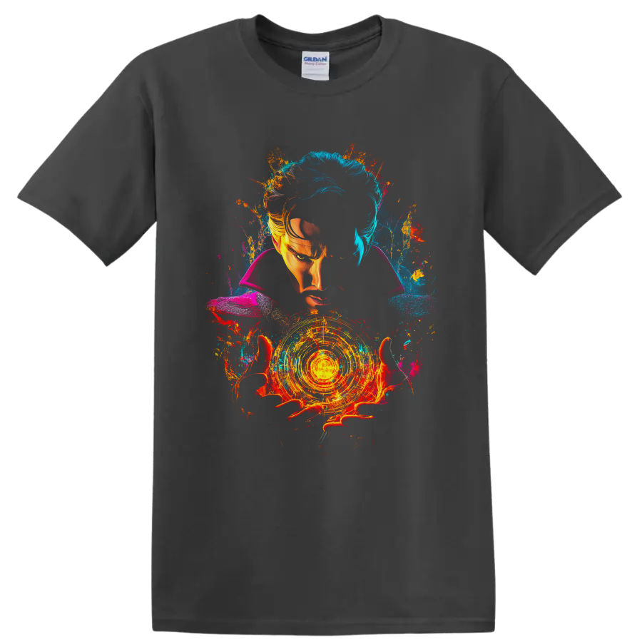Doctor Strange portrait with glowing magic circle and vibrant cosmic paint splashes on a Charcoal T Shirt