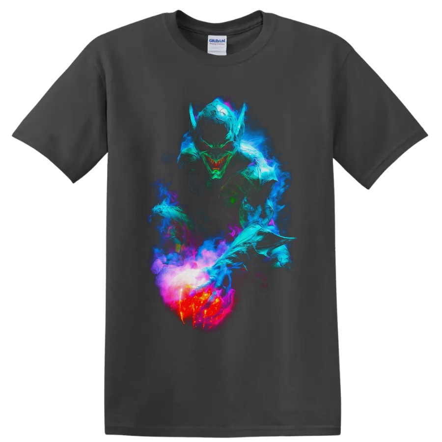 Green Goblin neon comic art with glowing pumpkin bomb and swirling smoke on a Charcoal T Shirt