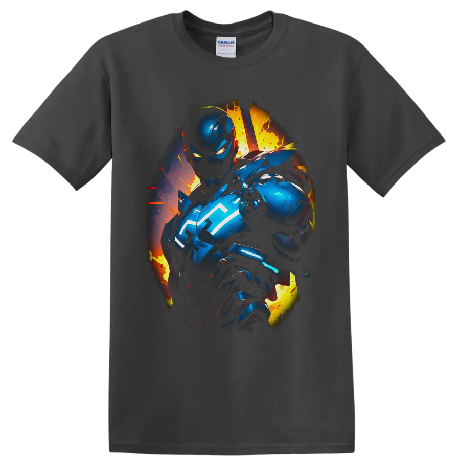 Iron Man in blue futuristic armor with glowing cyan energy and fiery comic explosion on a Charcoal T Shirt