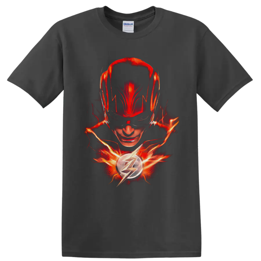The Flash Barry Allen portrait with glowing lightning and chest emblem on a Charcoal T Shirt