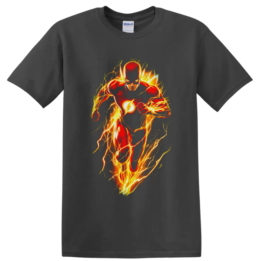 The Flash Barry Allen comic art sprinting through glowing yellow-orange lightning on a Charcoal T Shirt