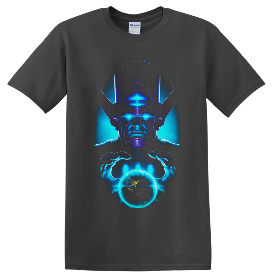 Galactus cosmic comic artwork with glowing blue eyes holding a radiant planet on a Charcoal T Shirt