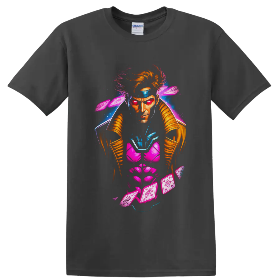 Gambit neon comic portrait with glowing playing cards and blue energy effects on a Charcoal T Shirt